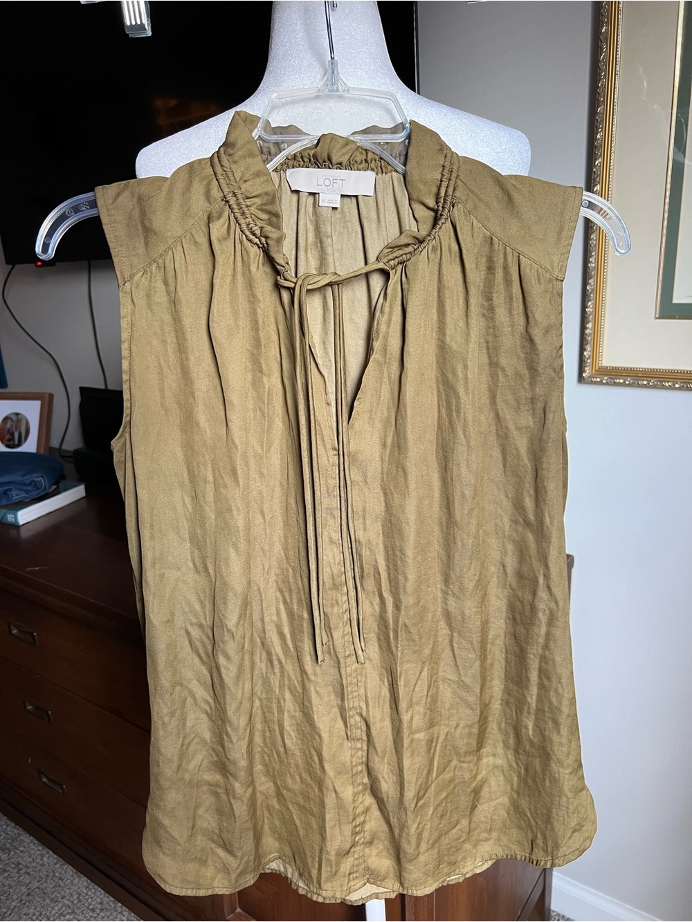LOFT Olive Green Sleeveless Tie-Neck Blouse
